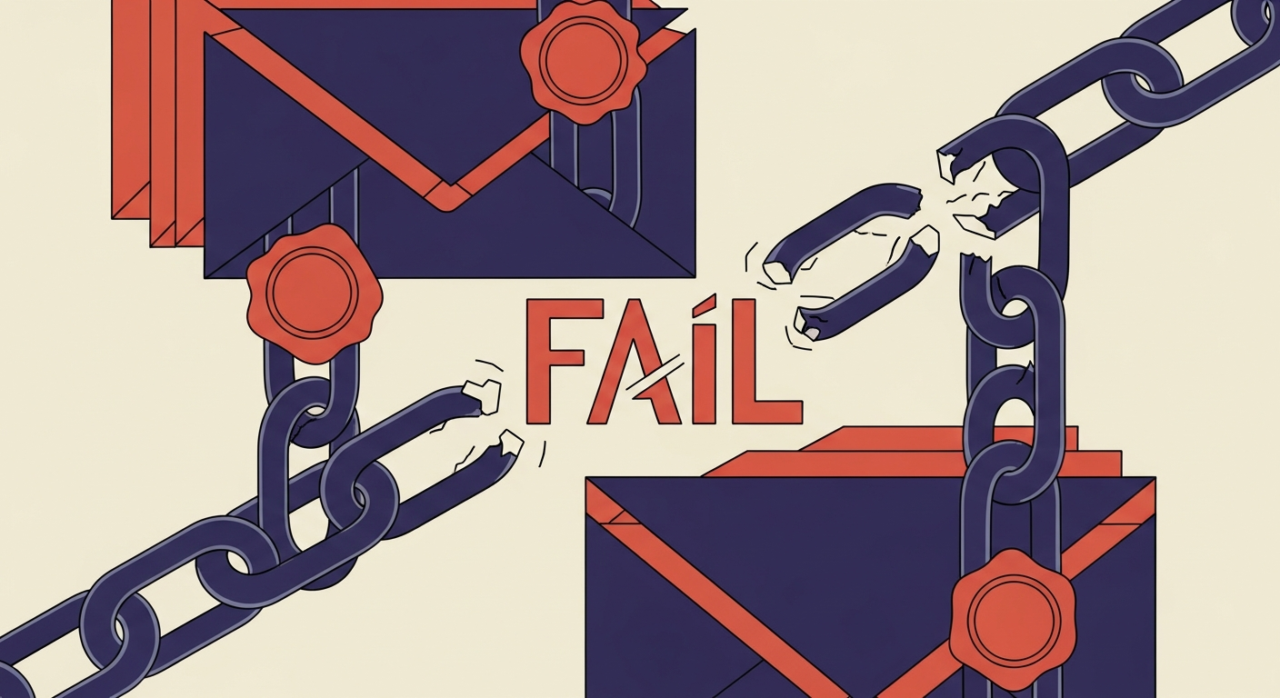 An illustration of email authentication chain with a broken link signifying ARC validation failure