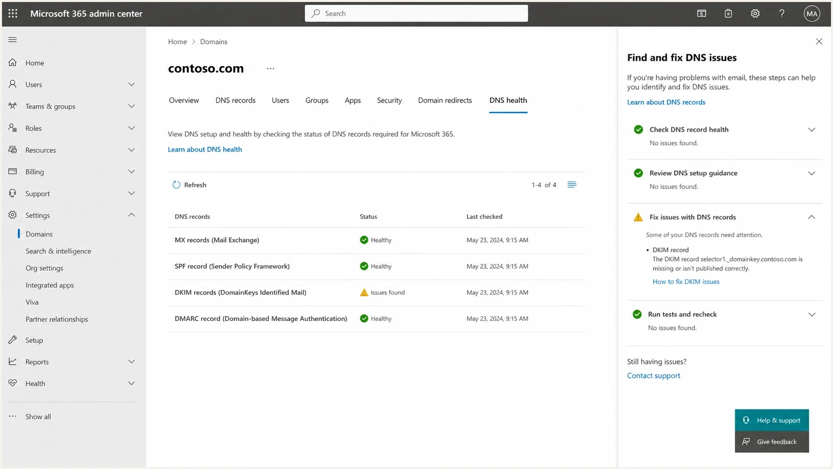 Microsoft 365 admin center showing DNS record status for a domain.