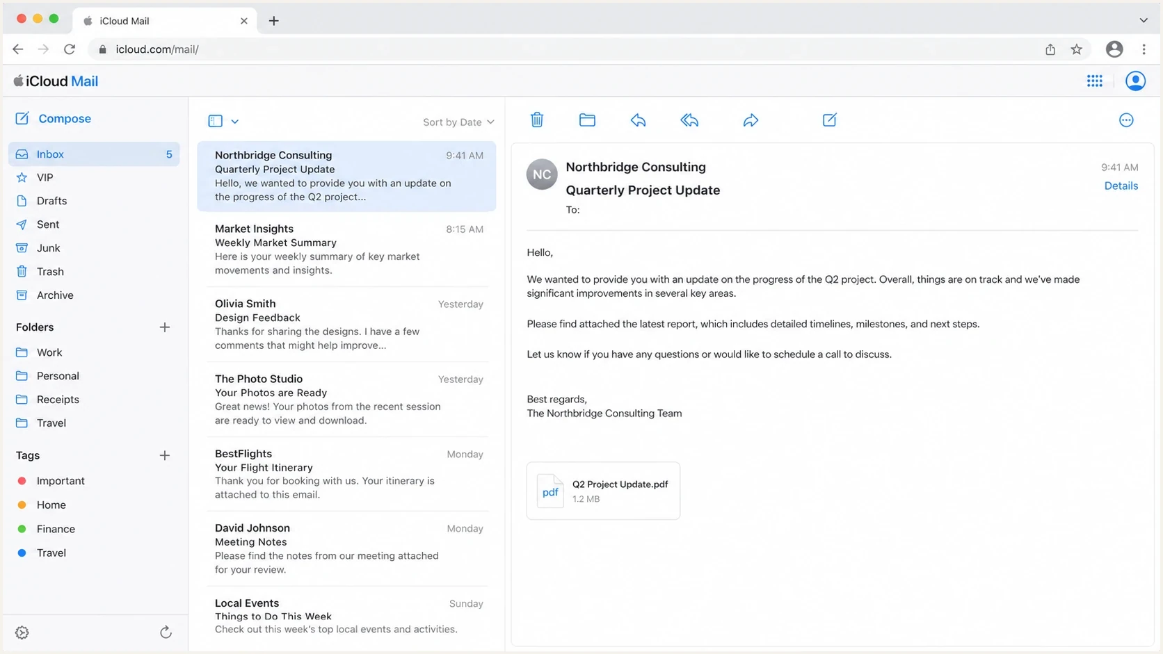 Apple iCloud Mail inbox interface for checking whether blocked email was accepted or rejected.