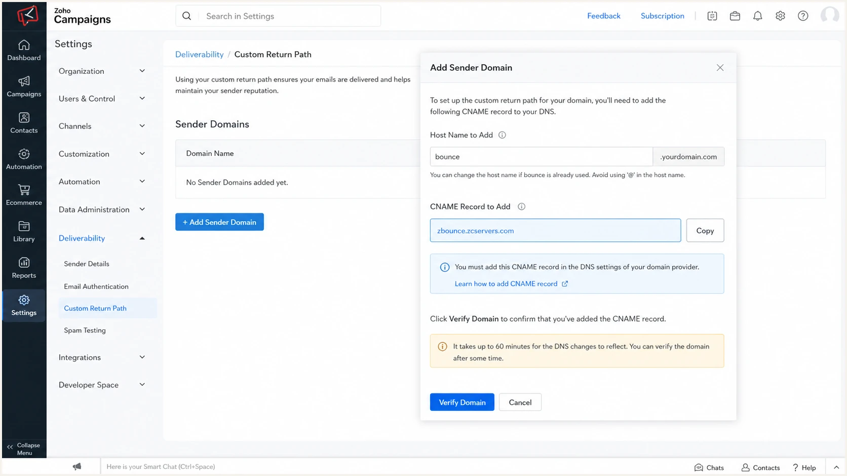 Creating a custom Return-Path in Zoho Campaigns