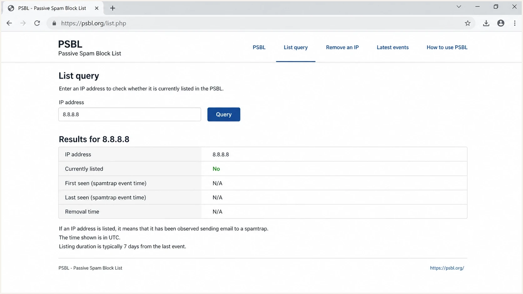 Screenshot-style view of the PSBL listing lookup page with an IP search form and event history.