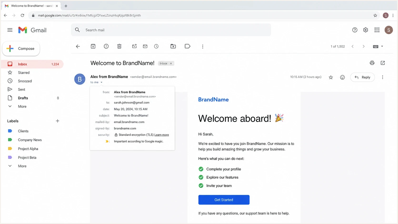 Gmail message header showing a friendly sender name, sender email address, and details dropdown.