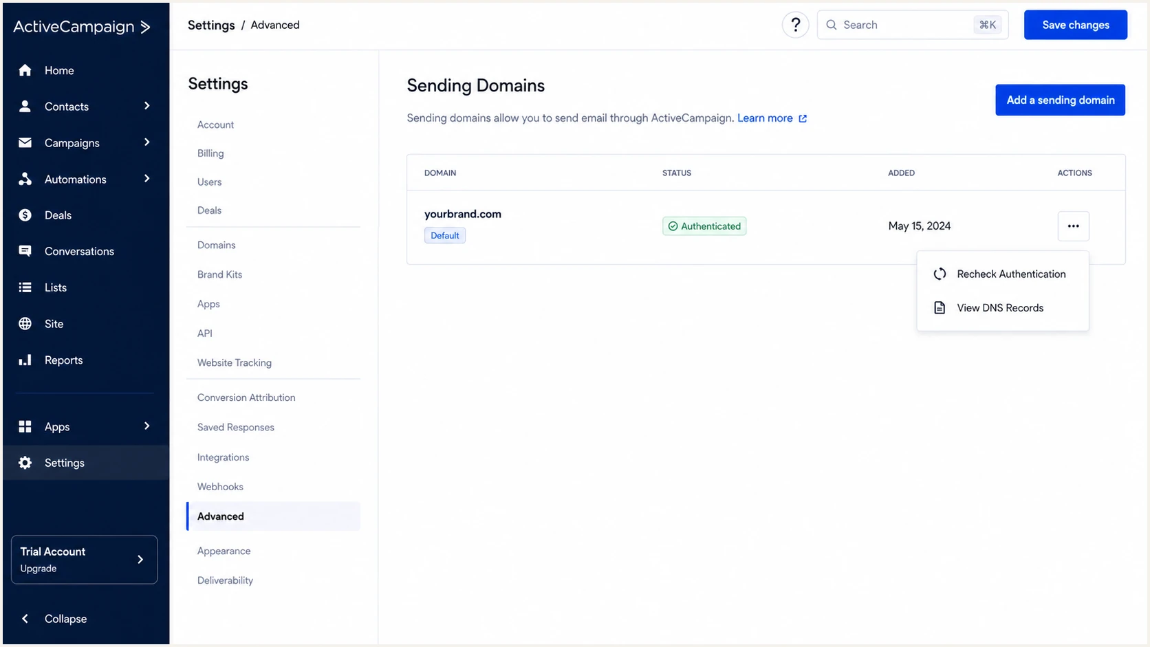 ActiveCampaign Sending Domains table with Authenticated status and recheck menu