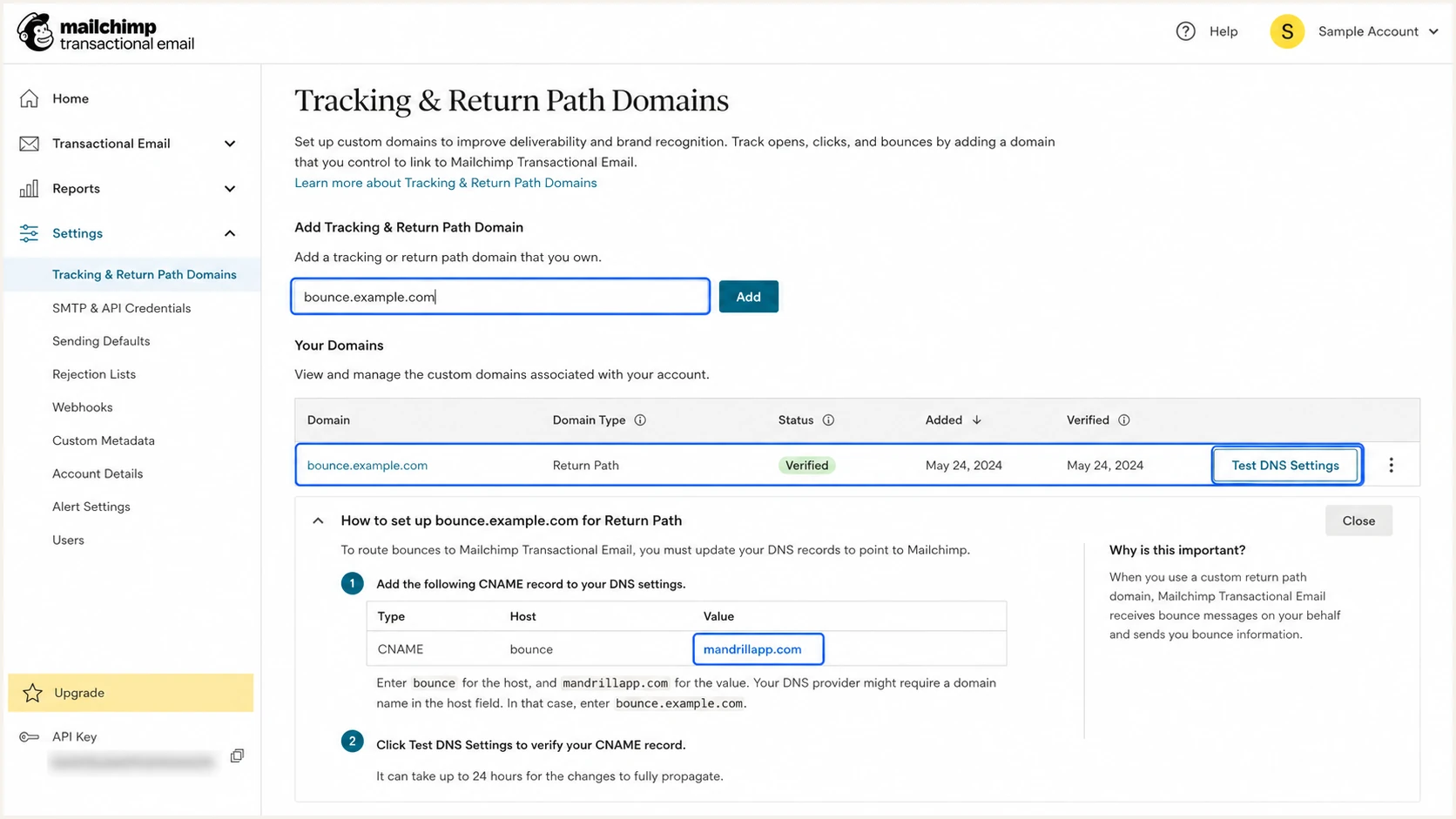 Mailchimp Transactional custom return-path domain setup