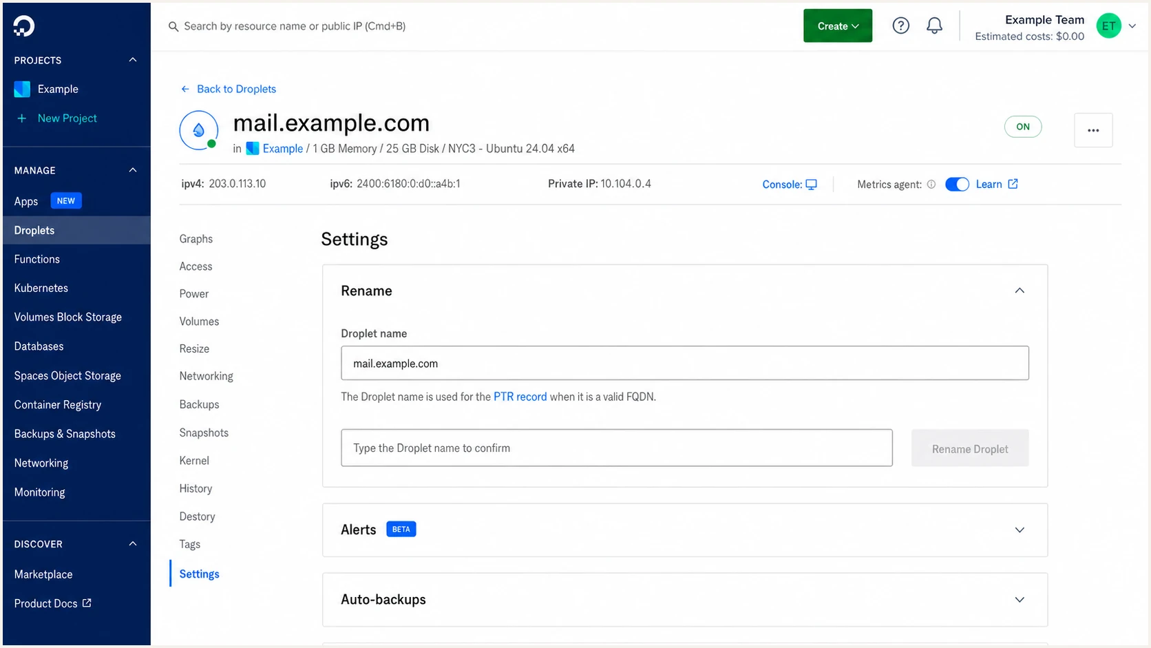 Renaming a DigitalOcean Droplet to set its PTR hostname