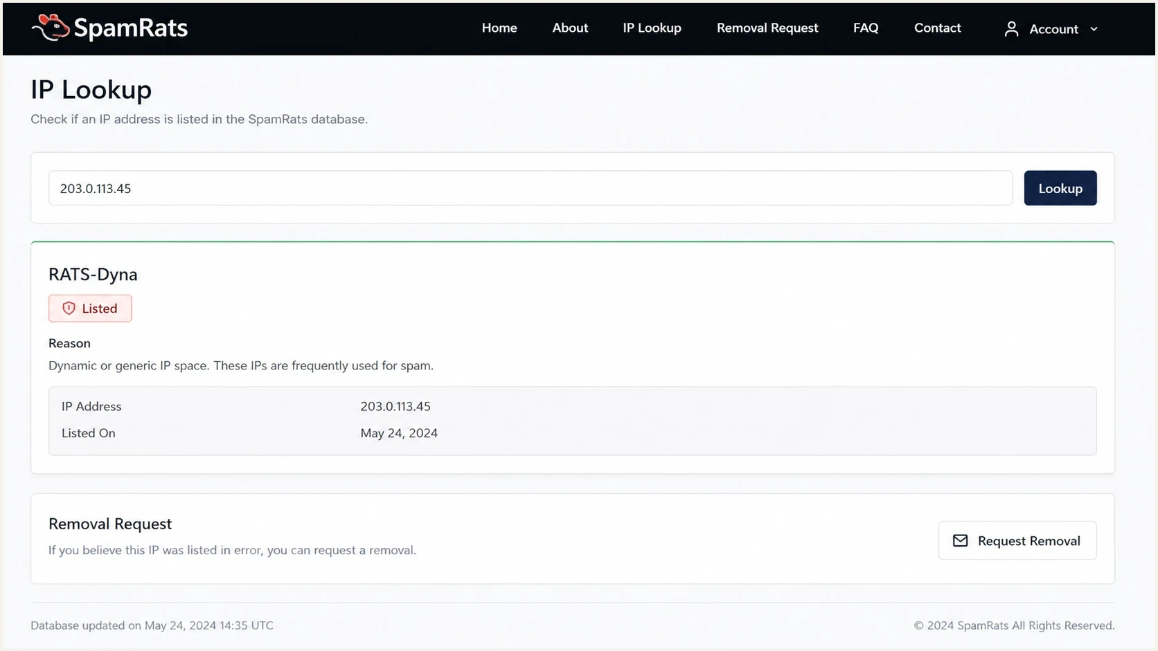 SpamRATS RATS-Dyna lookup showing a sending IP on the dynamic-address blacklist.