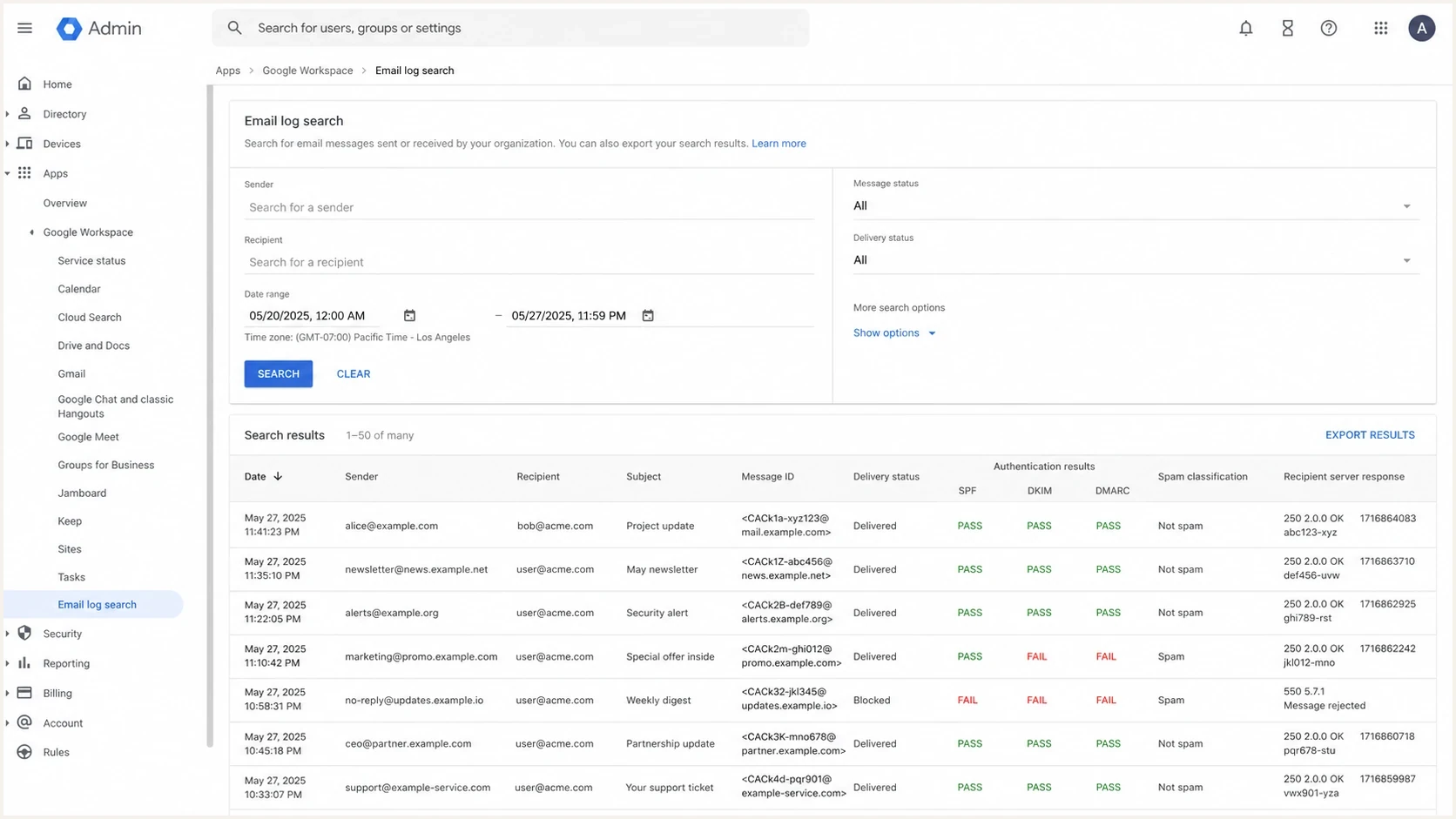 Google Admin console Email Log Search showing delivery and authentication fields.