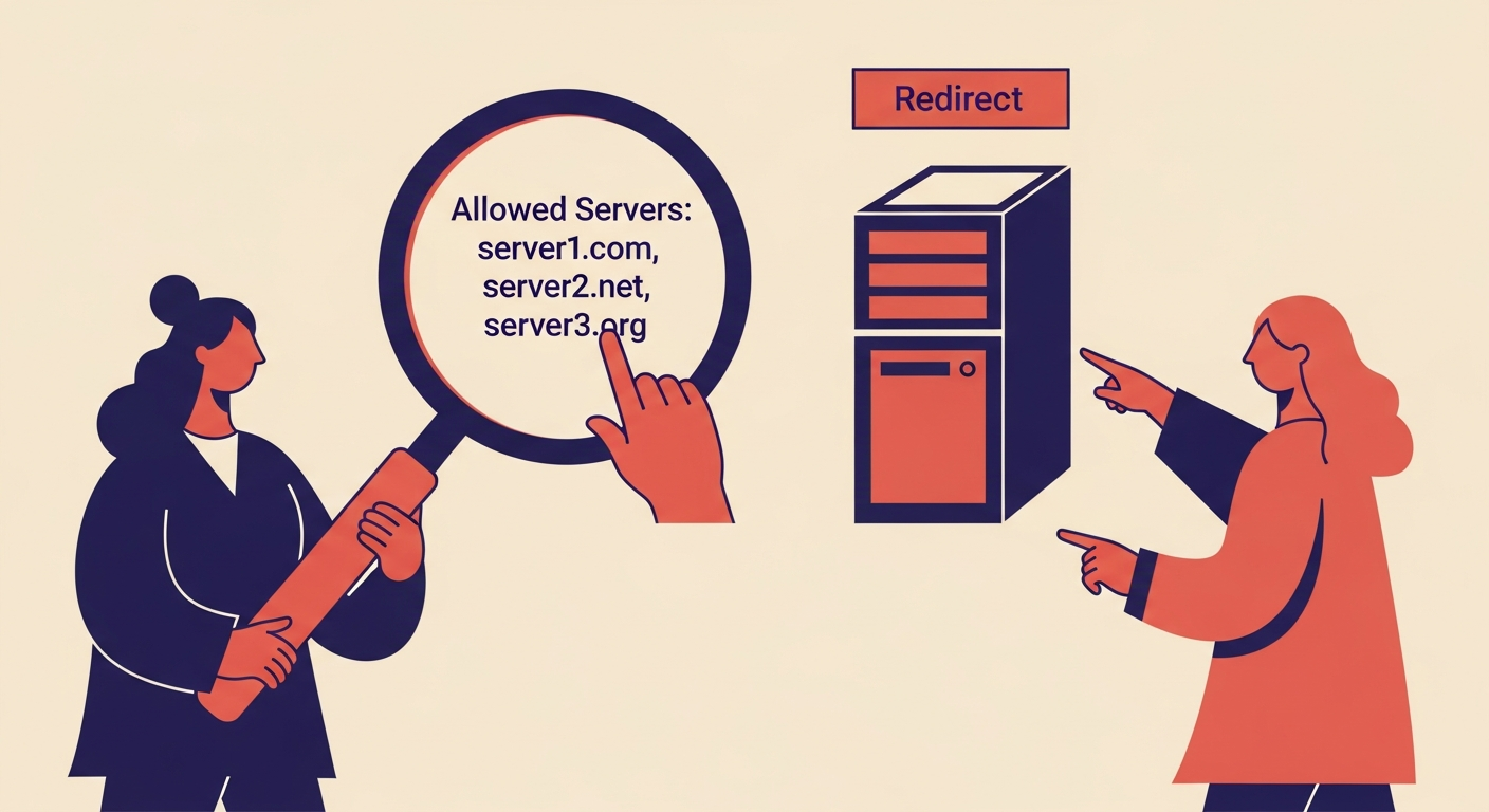 Illustration comparing SPF 'include' and 'redirect' mechanisms. One person examines multiple servers (include), another points to a single server (redirect).