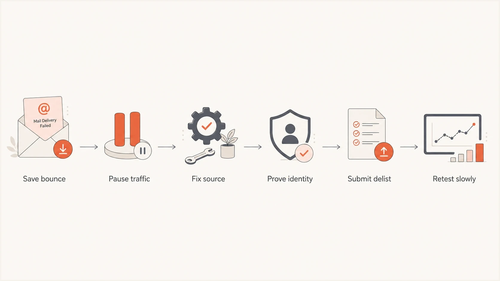 Six-step flow for resolving an Office 365 blocked sending IP.