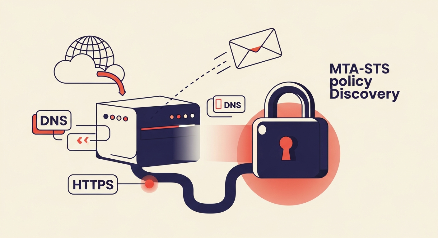 Secure email delivery flow with MTA-STS. Server, DNS, HTTPS, and lock icon.