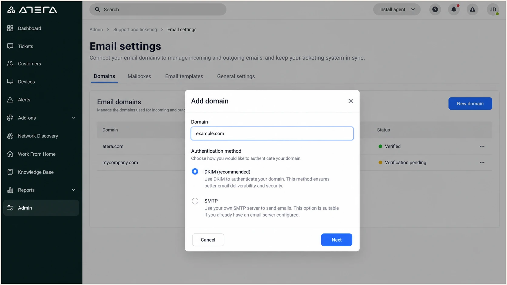 Atera Add domain dialog with DKIM selected
