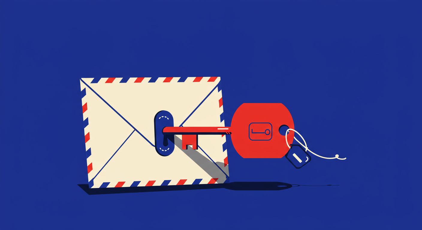 A minimalist retro illustration of a key with a unique tag fitting into a digital lock on a letter envelope. The style of the images should be A minimalist retro illustration in the style of Malika Favre. Dominant colors are bright poppy red and deep royal blue. Vector art, high contrast. Do not put any words in the image or alphanumeric characters.
