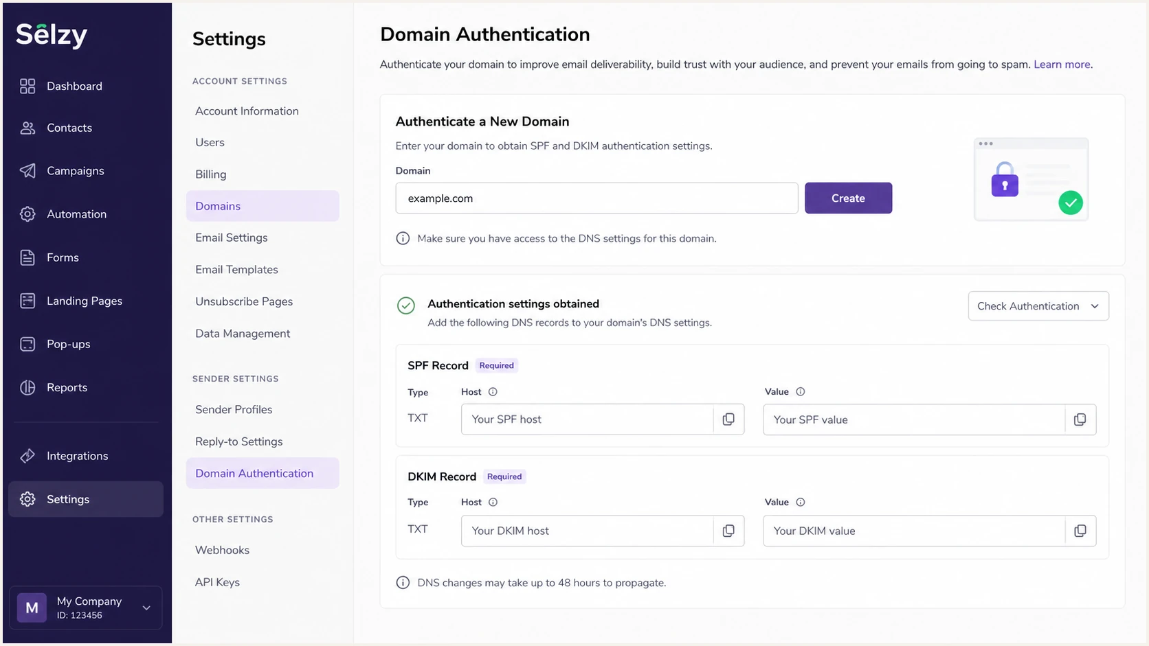 Selzy Domain Authentication screen for adding a business domain