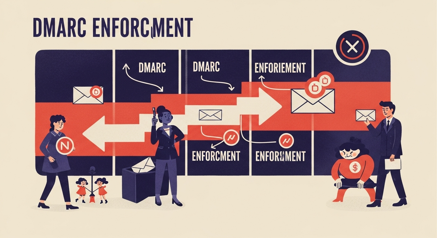 A visual representation of DMARC 'pct' value increasing from a low percentage to full 100% enforcement.