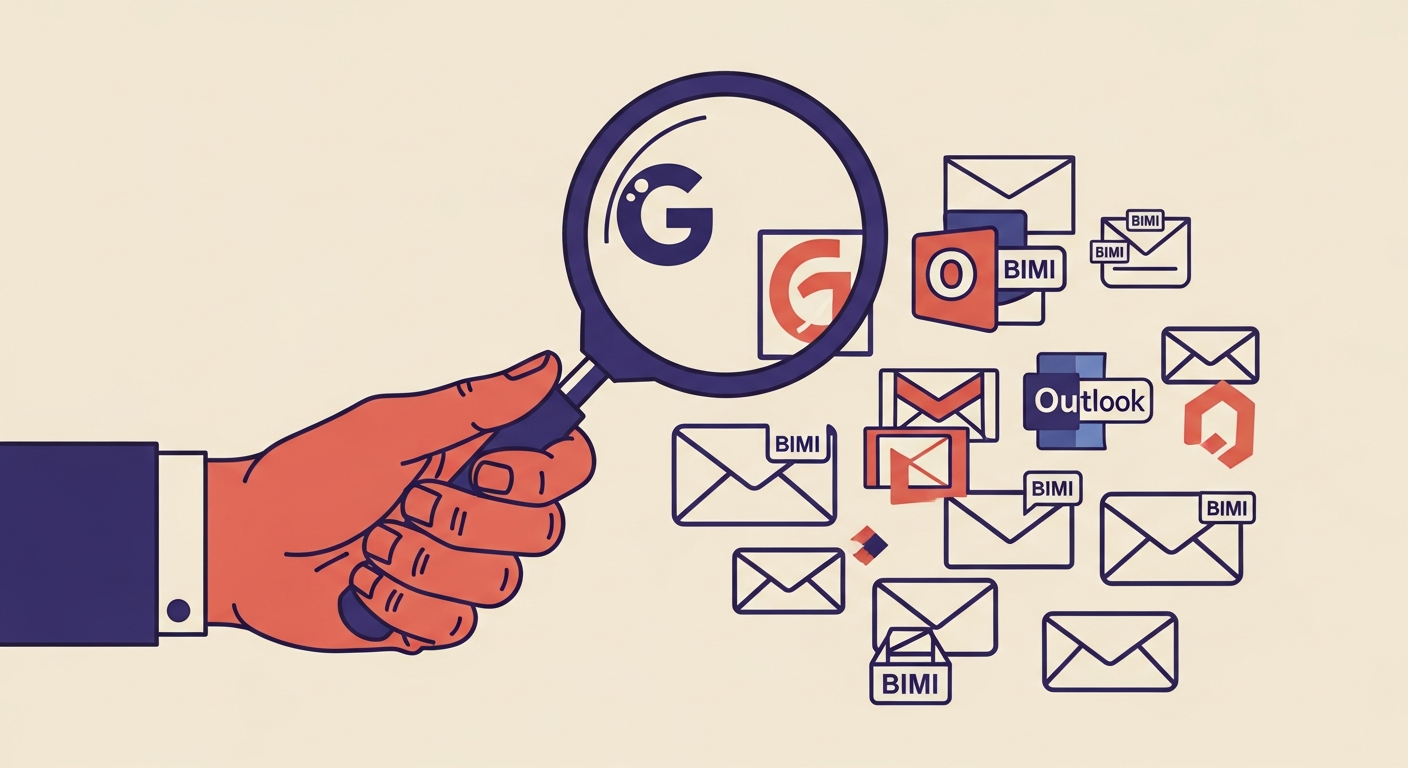 A magnifying glass examining various email provider icons, some showing BIMI logos and others not, representing different display rules.