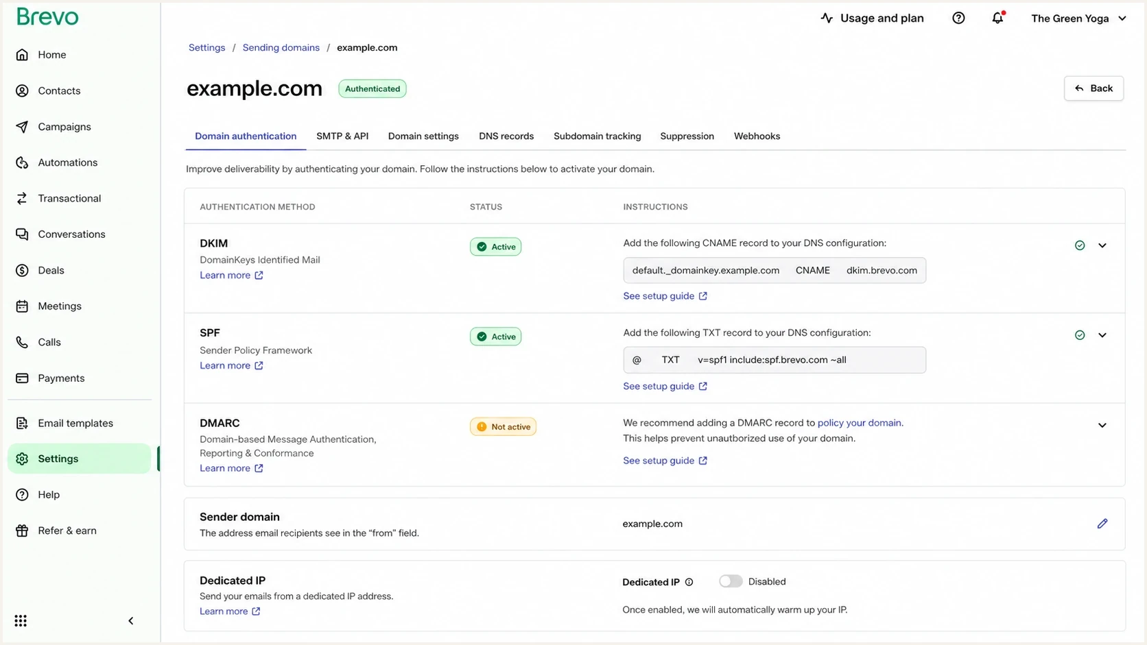Brevo domain authentication settings for SPF, DKIM, DMARC, and dedicated IP setup.