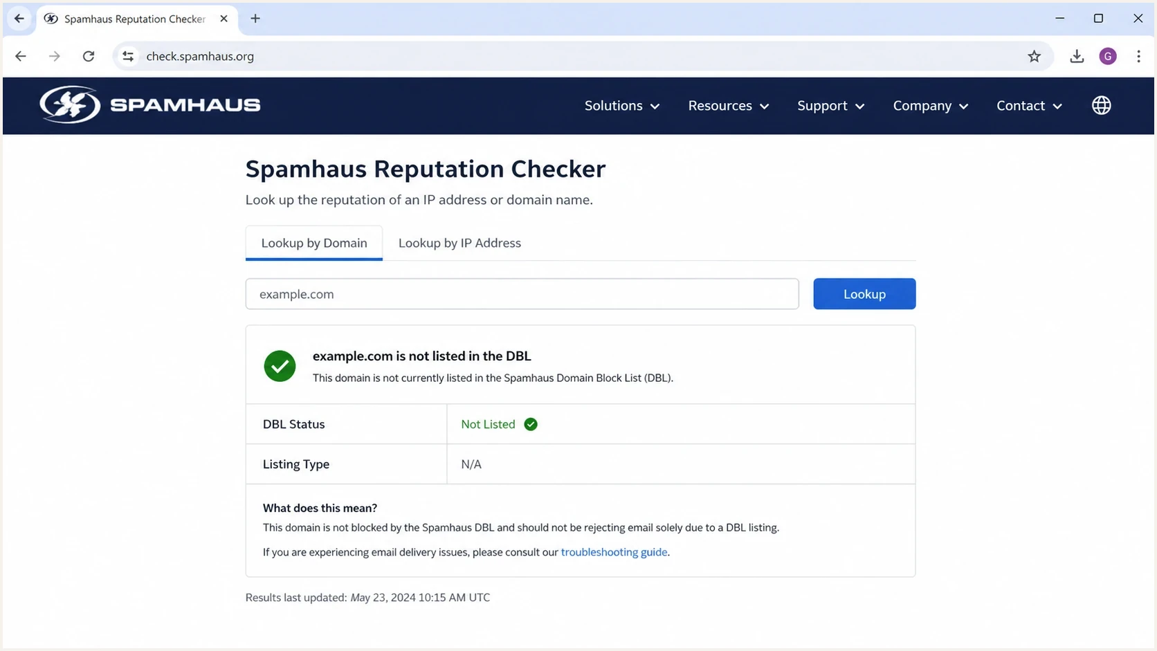 Spamhaus Reputation Checker screen showing a DBL lookup result for a domain.