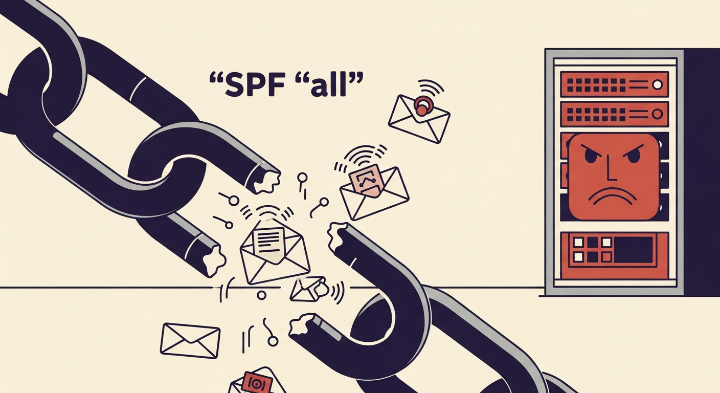 A broken chain link illustrating the gap created by a missing SPF 'all' mechanism, with emails falling through