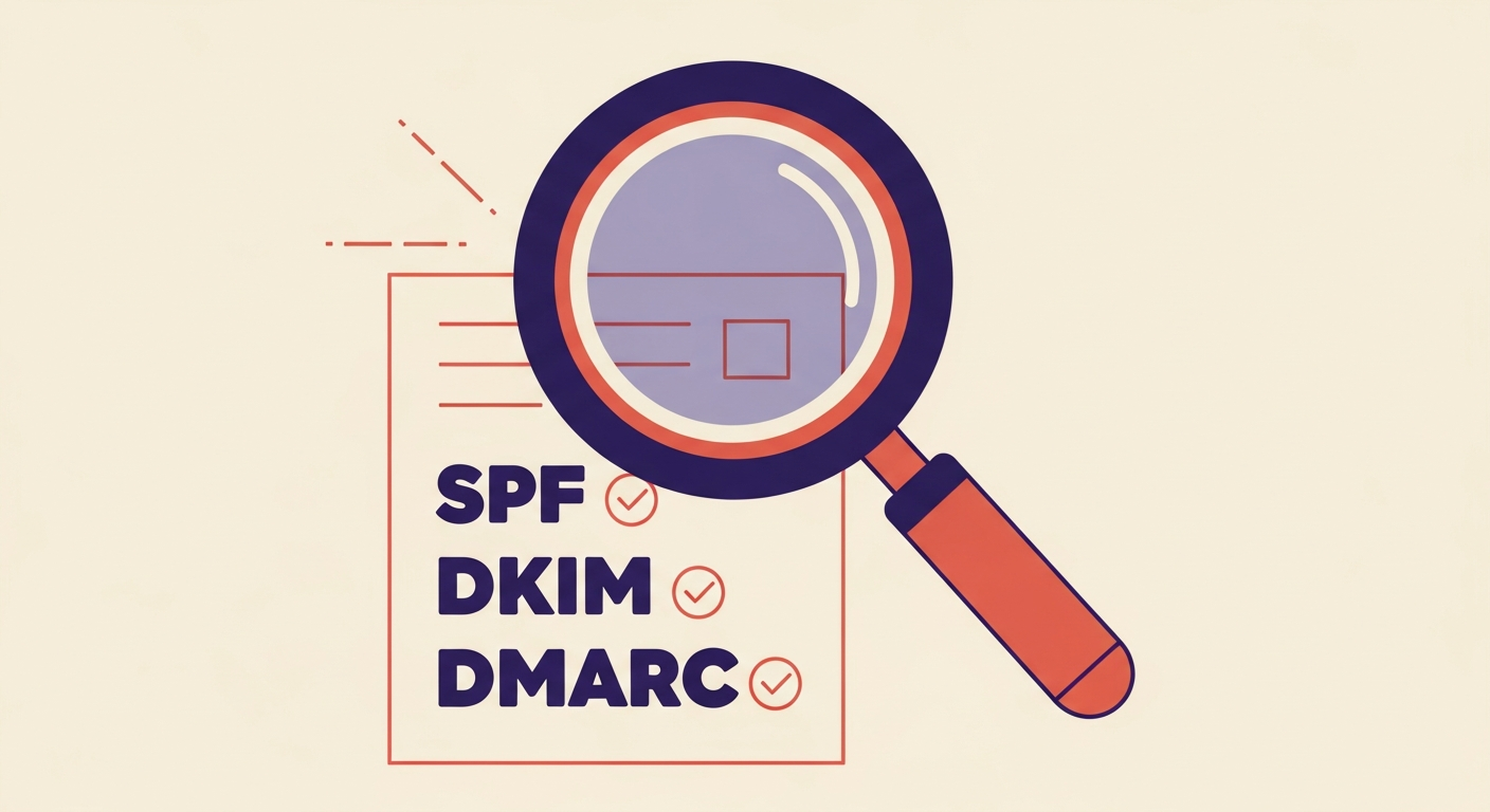 Magnifying glass over email authentication symbols