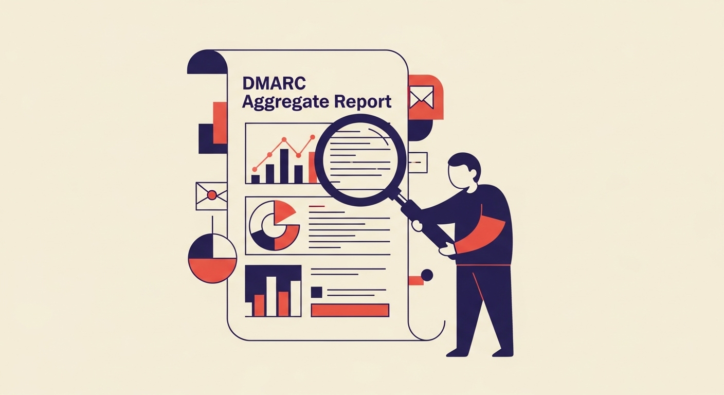A document with charts and graphs, depicting DMARC aggregate reports, with a person analyzing it.