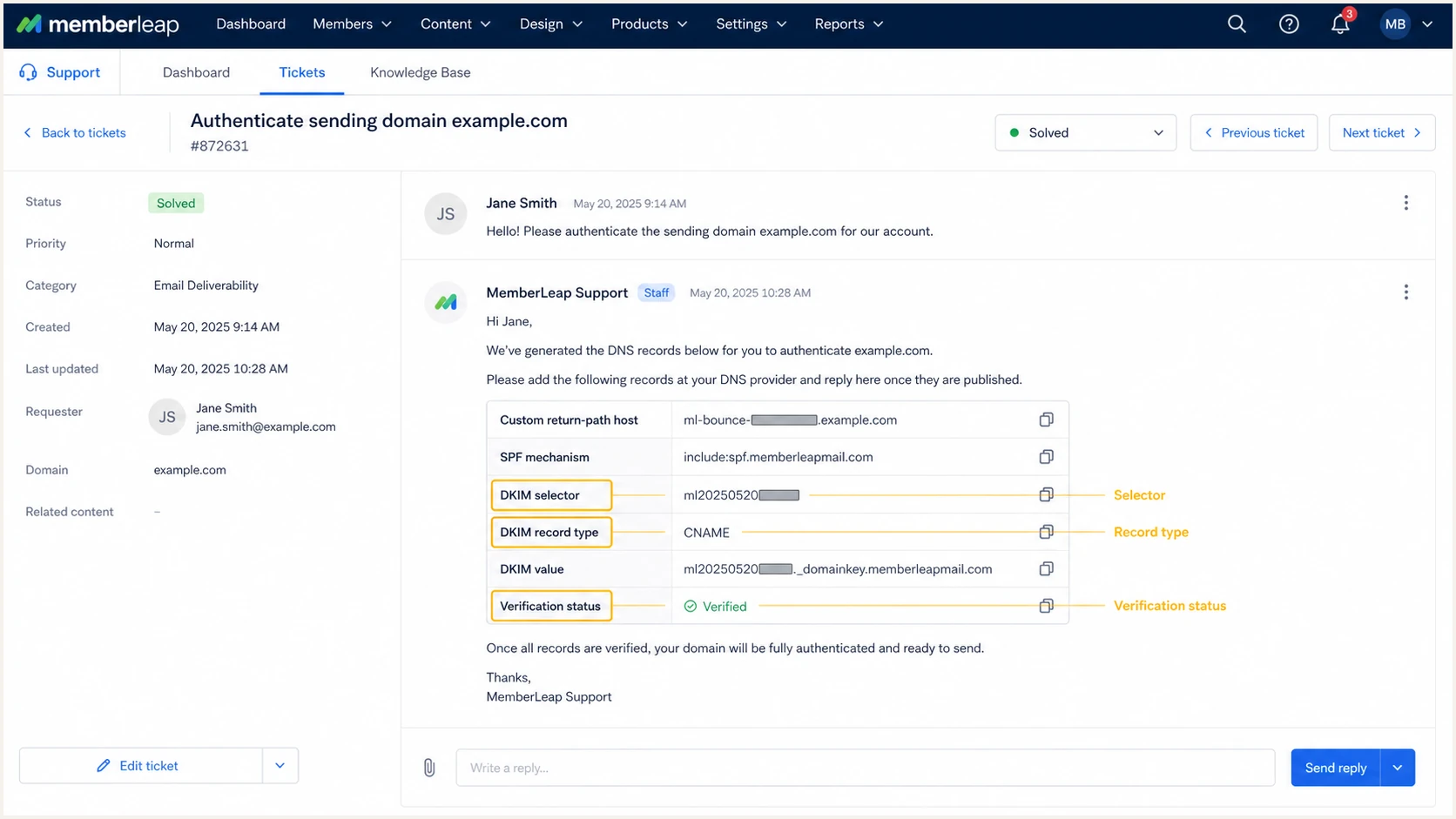 MemberLeap support ticket with account-specific authentication values
