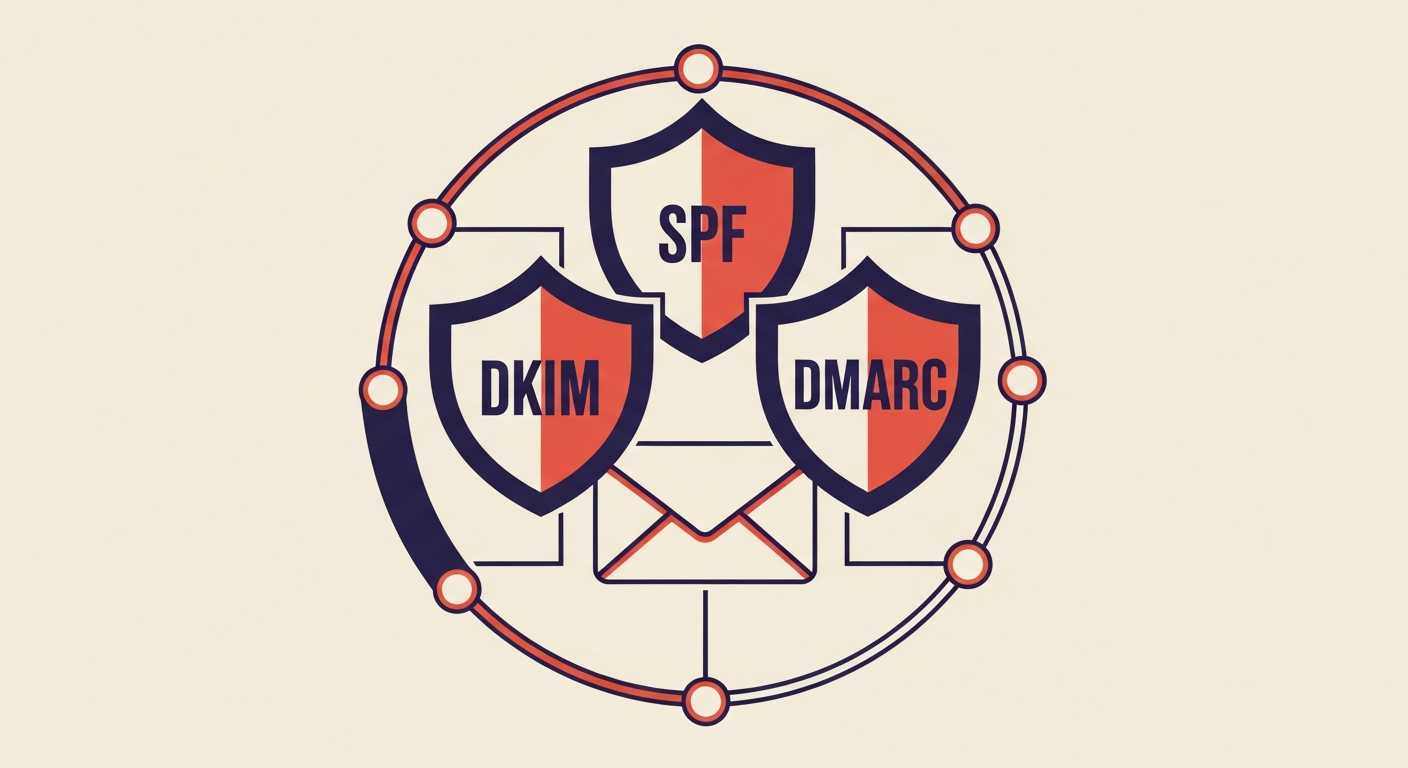 An illustration showing SPF, DKIM, and DMARC interlocking for email security