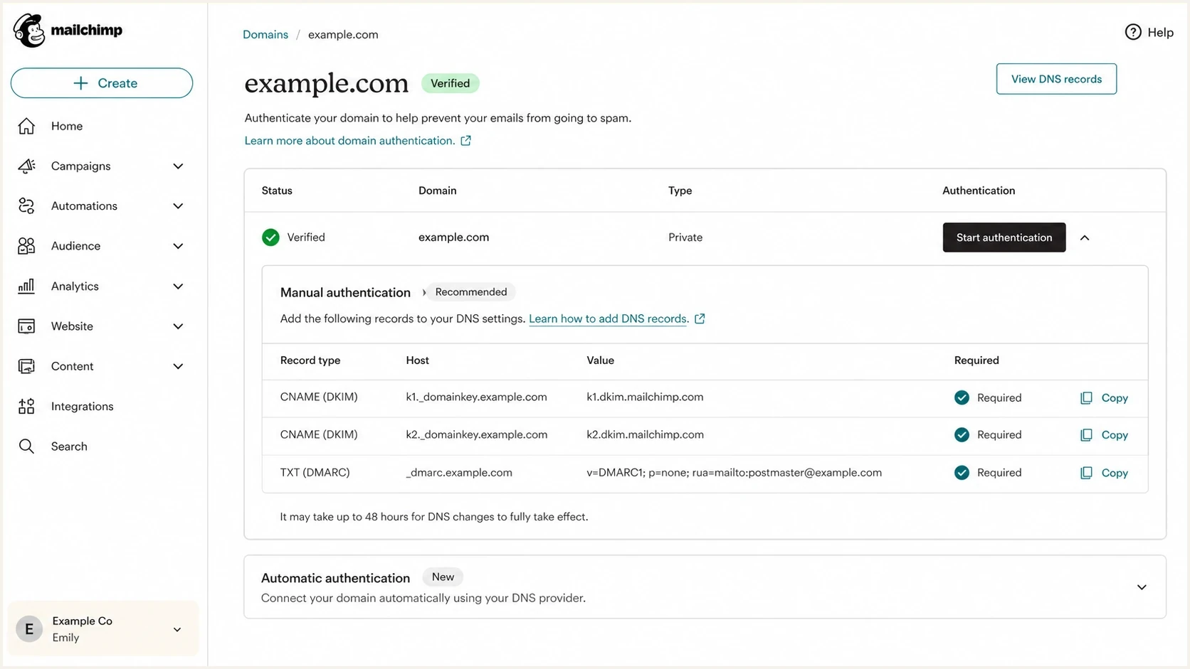 Mailchimp domain authentication screen with DKIM CNAME records and a DMARC TXT record.