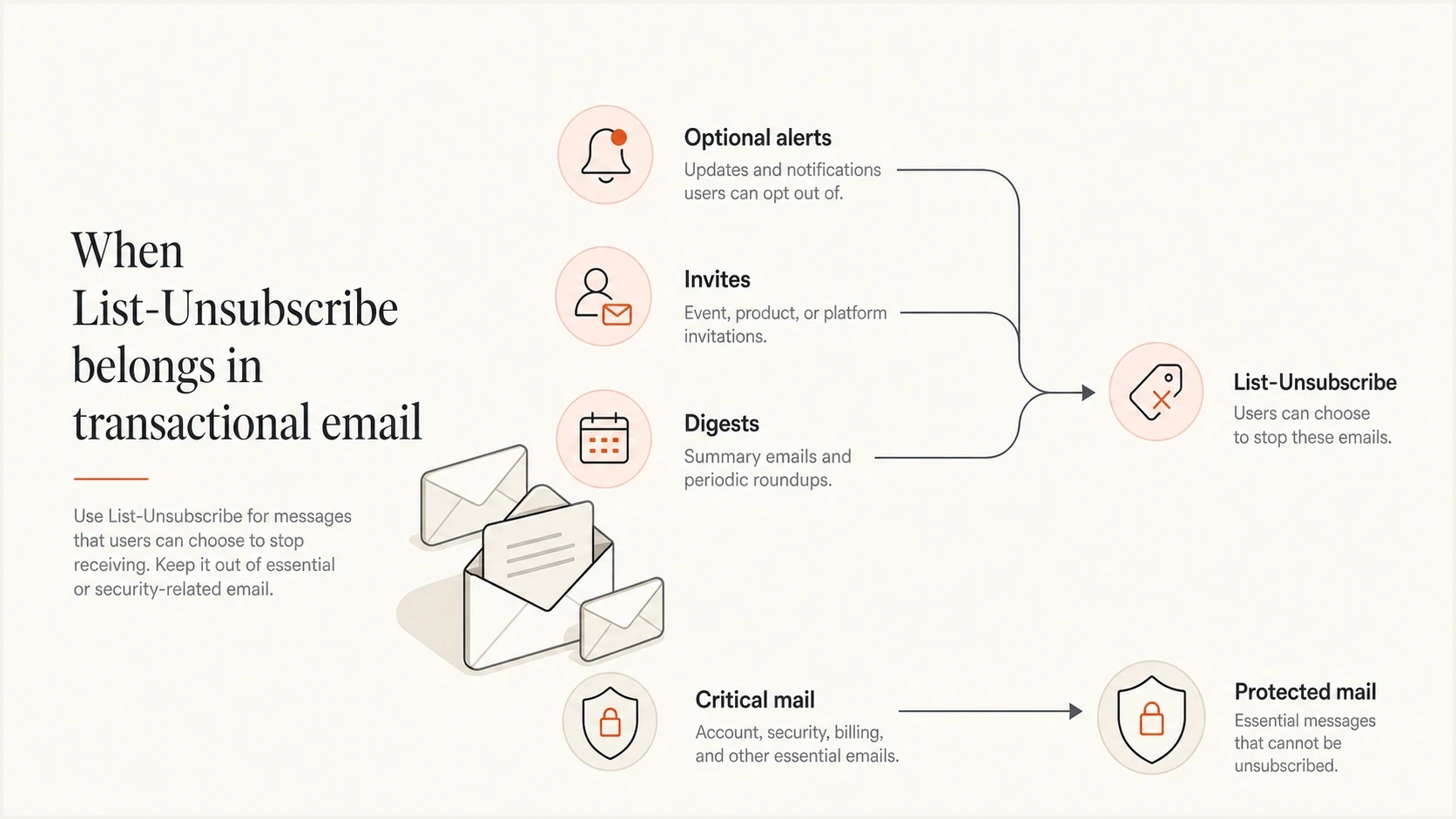 List-Unsubscribe decision infographic for optional alerts, invites, digests, and critical mail.