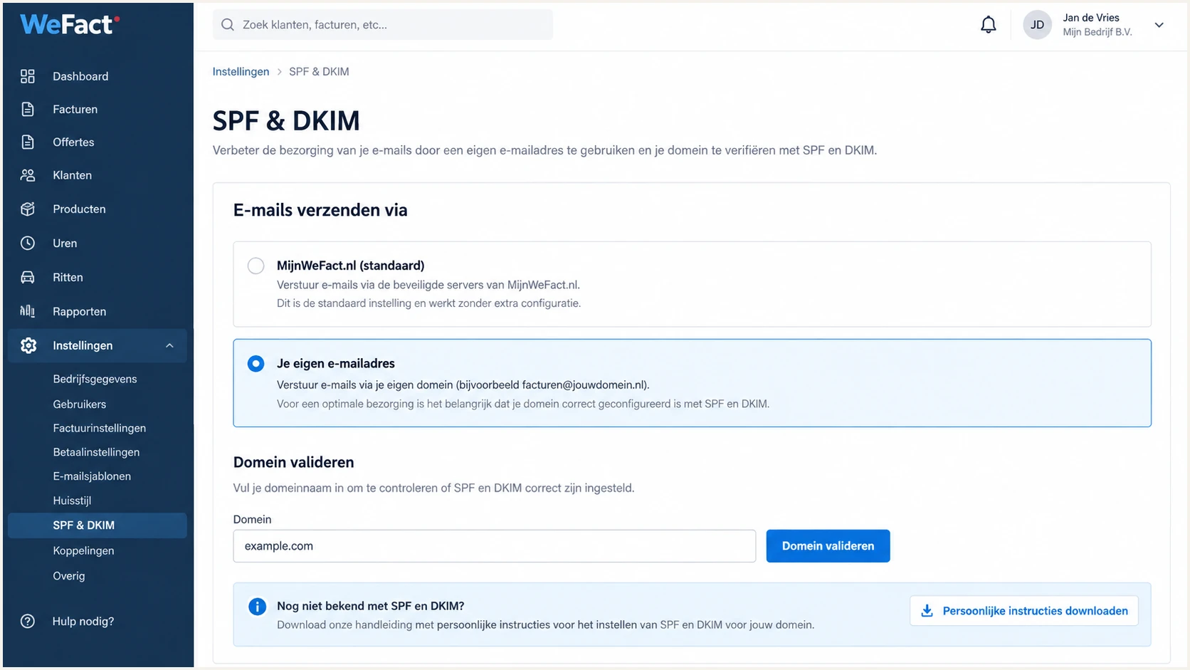 WeFact Settings page for selecting own-domain email and downloading SPF and DKIM instructions.