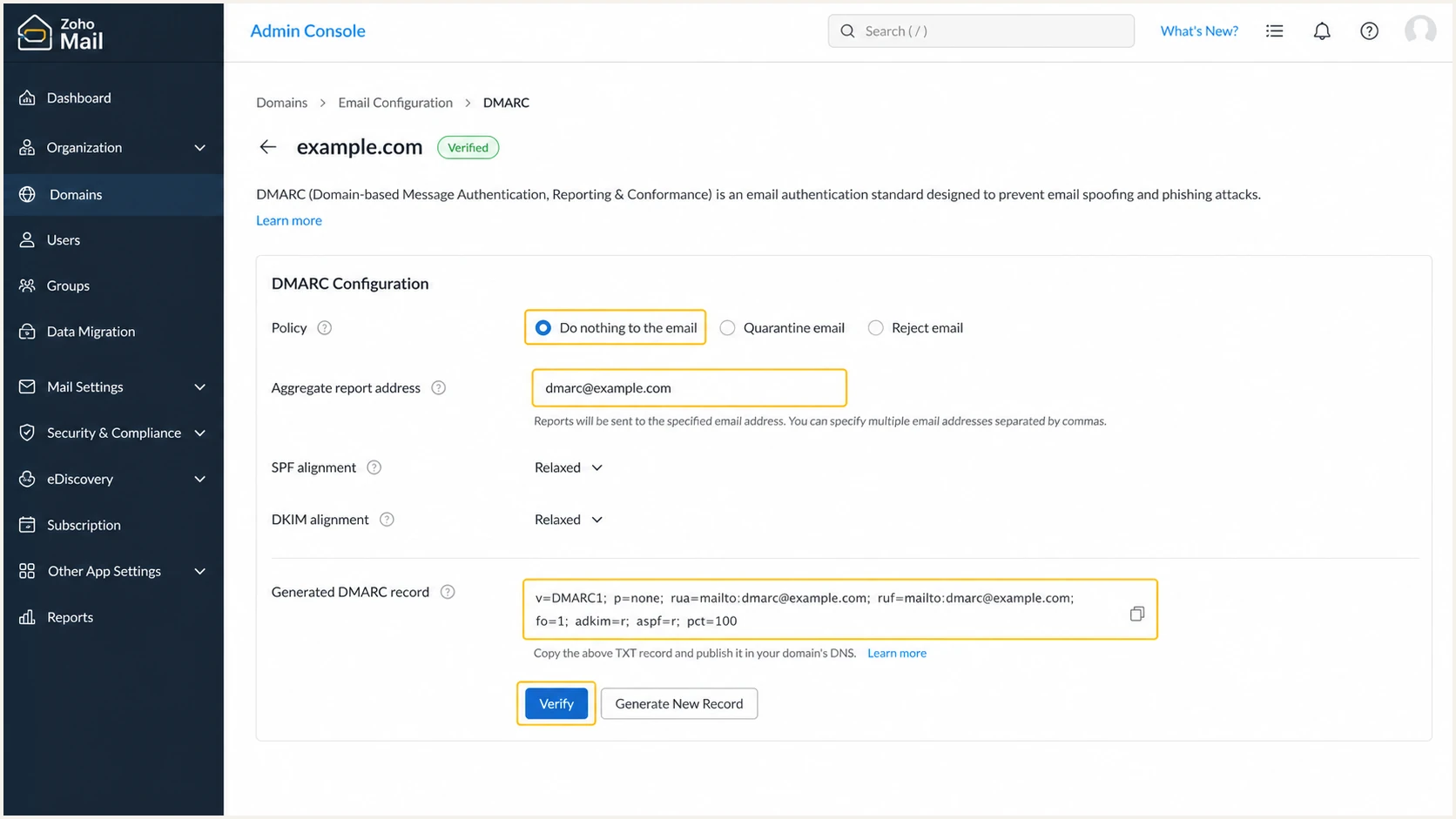 Generating a p=none DMARC record in Zoho Mail