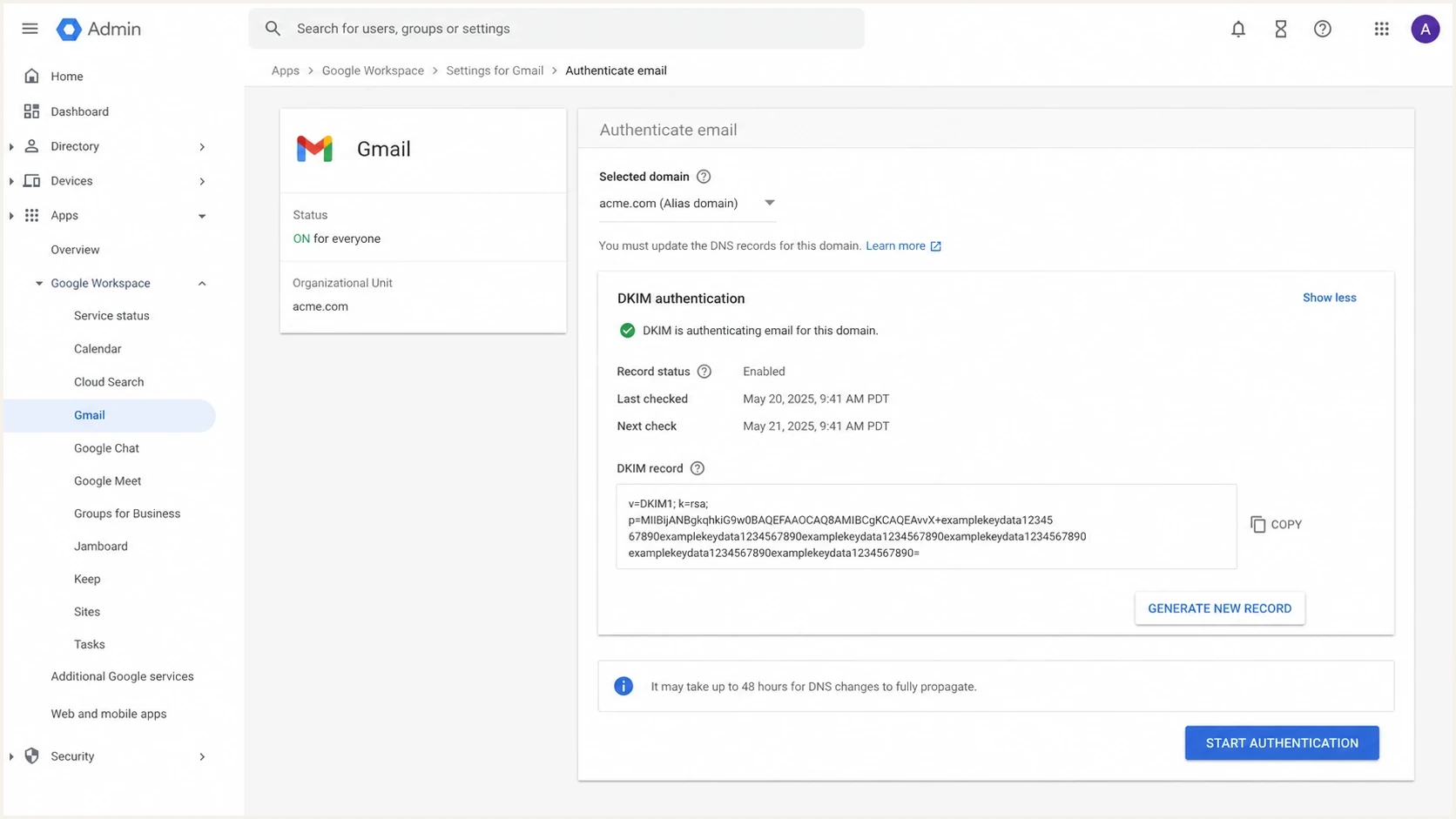 Google Admin console Authenticate email page for DKIM setup on an alias domain.