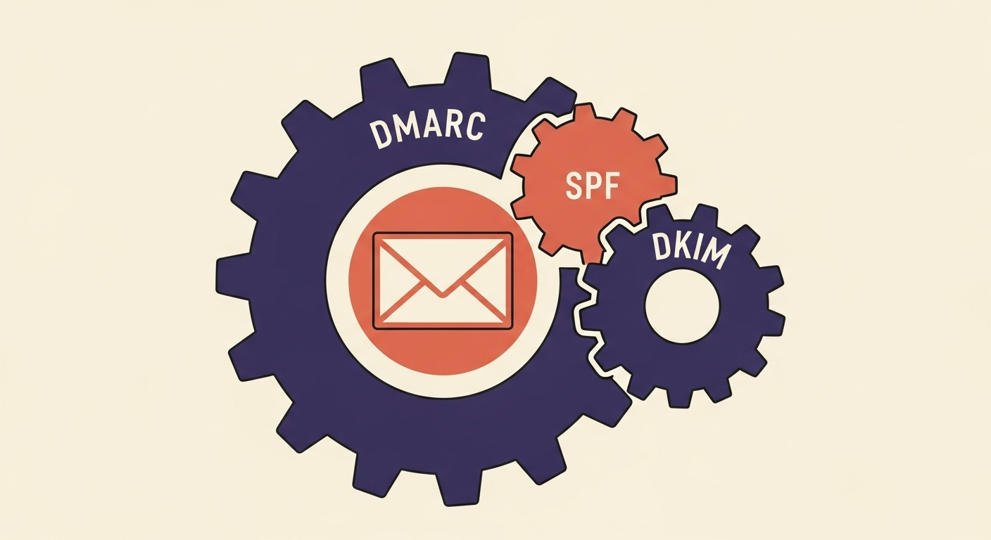 An illustration showing three gears labelled DMARC, SPF, and DKIM working together to protect an email.