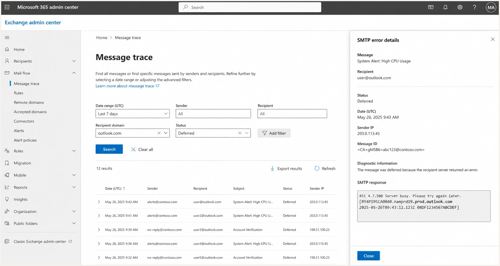 Microsoft 365 Exchange admin center message trace with Outlook.com deferred messages.