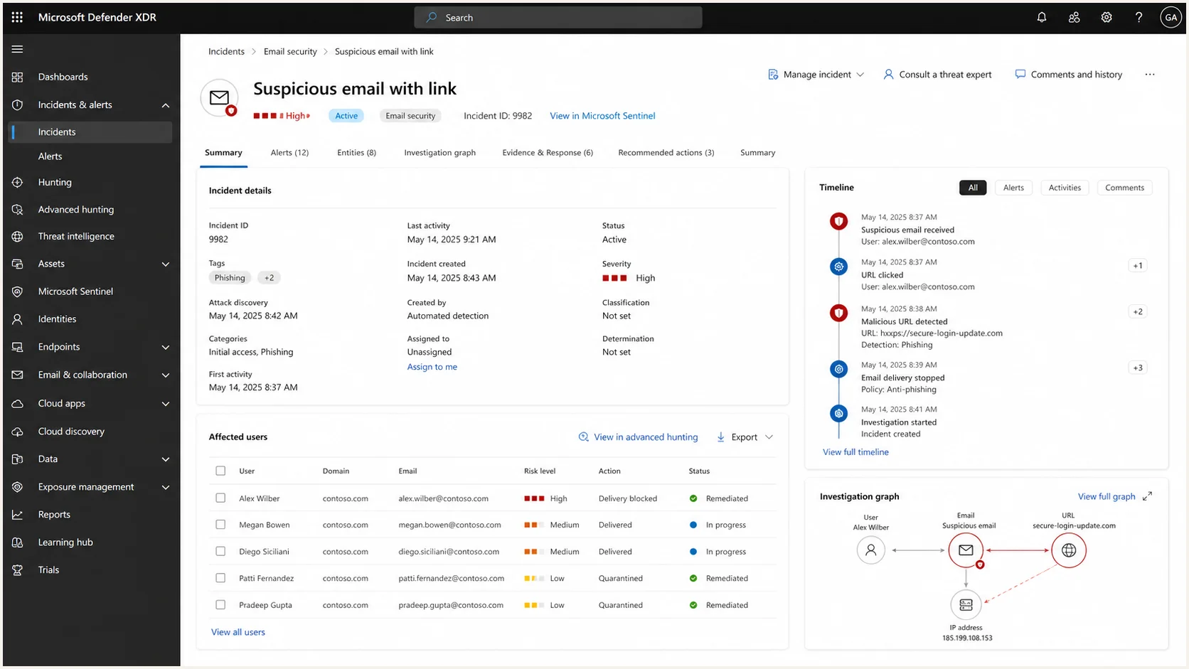 Microsoft Defender XDR incident screen used as an example security workflow destination.