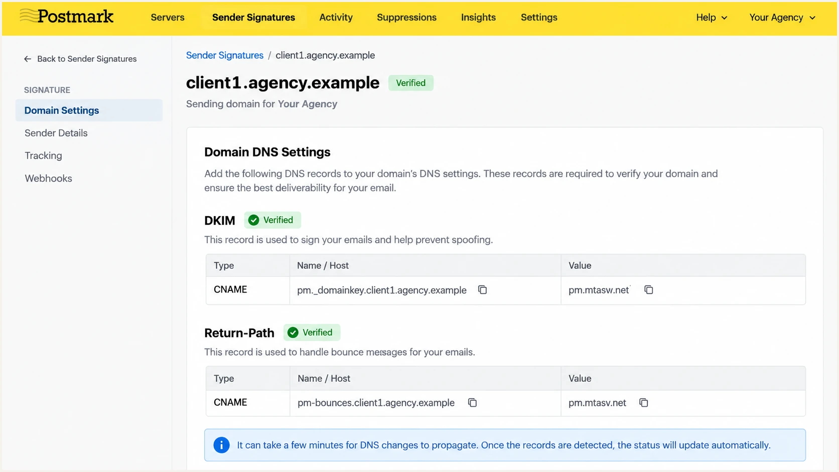Postmark domain settings with verified DKIM and custom Return-Path.