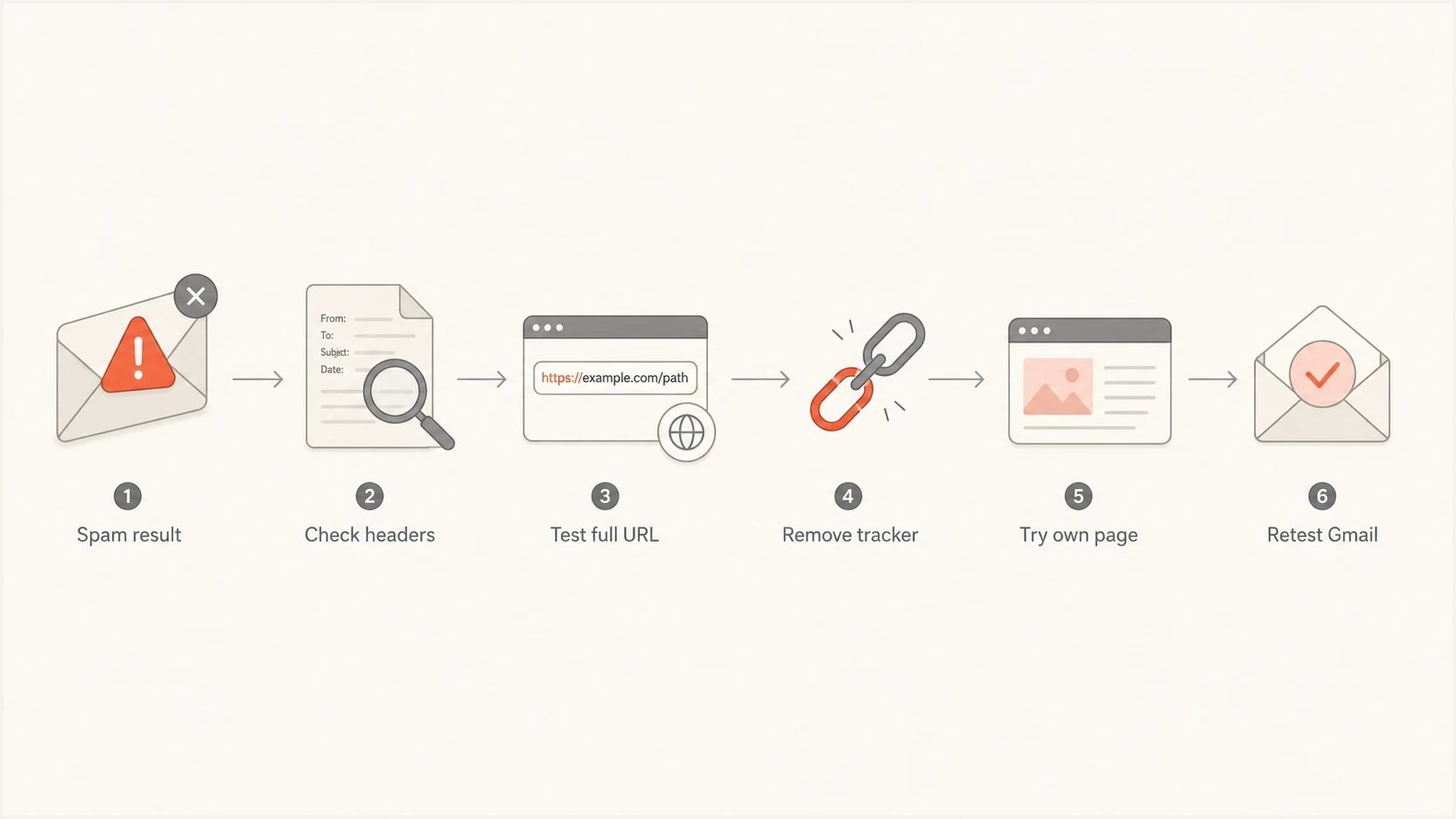 Flowchart for debugging Gmail suspicious link warnings.
