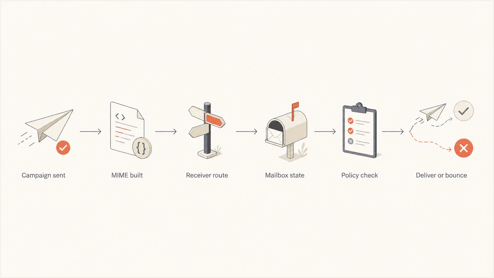 Flowchart showing how campaign size, routing, mailbox state, and policy checks lead to delivery or bounce.