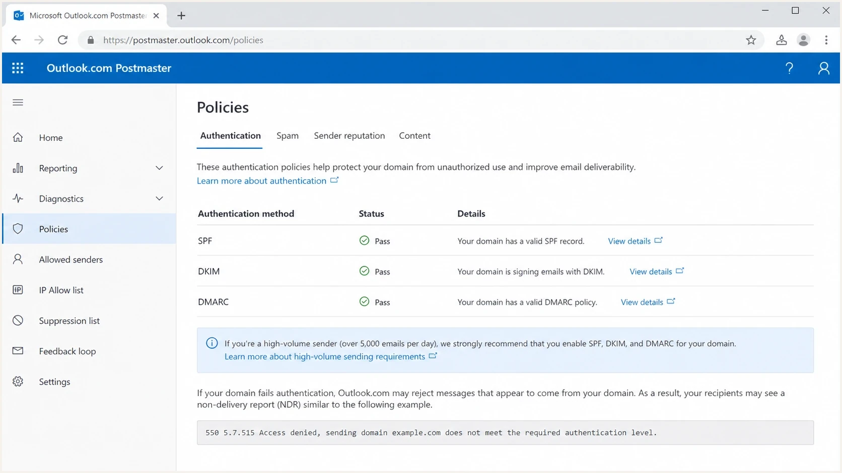 Microsoft Outlook.com Postmaster policies page showing authentication requirements.