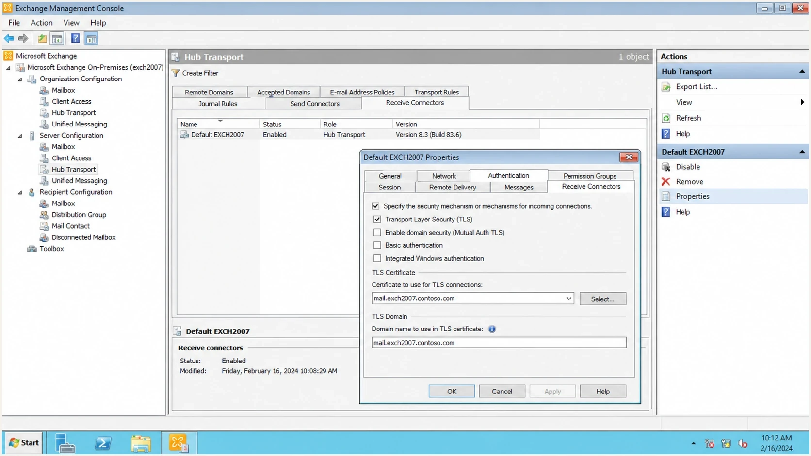 Microsoft Exchange receive connector STARTTLS and certificate settings.