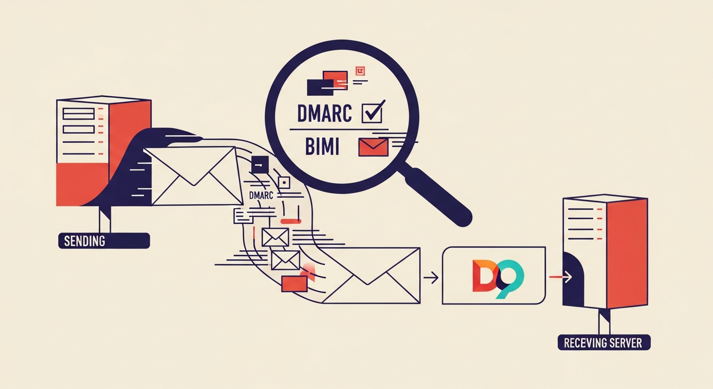 An illustration showing an email server verifying DNS records and email headers to display a BIMI logo.