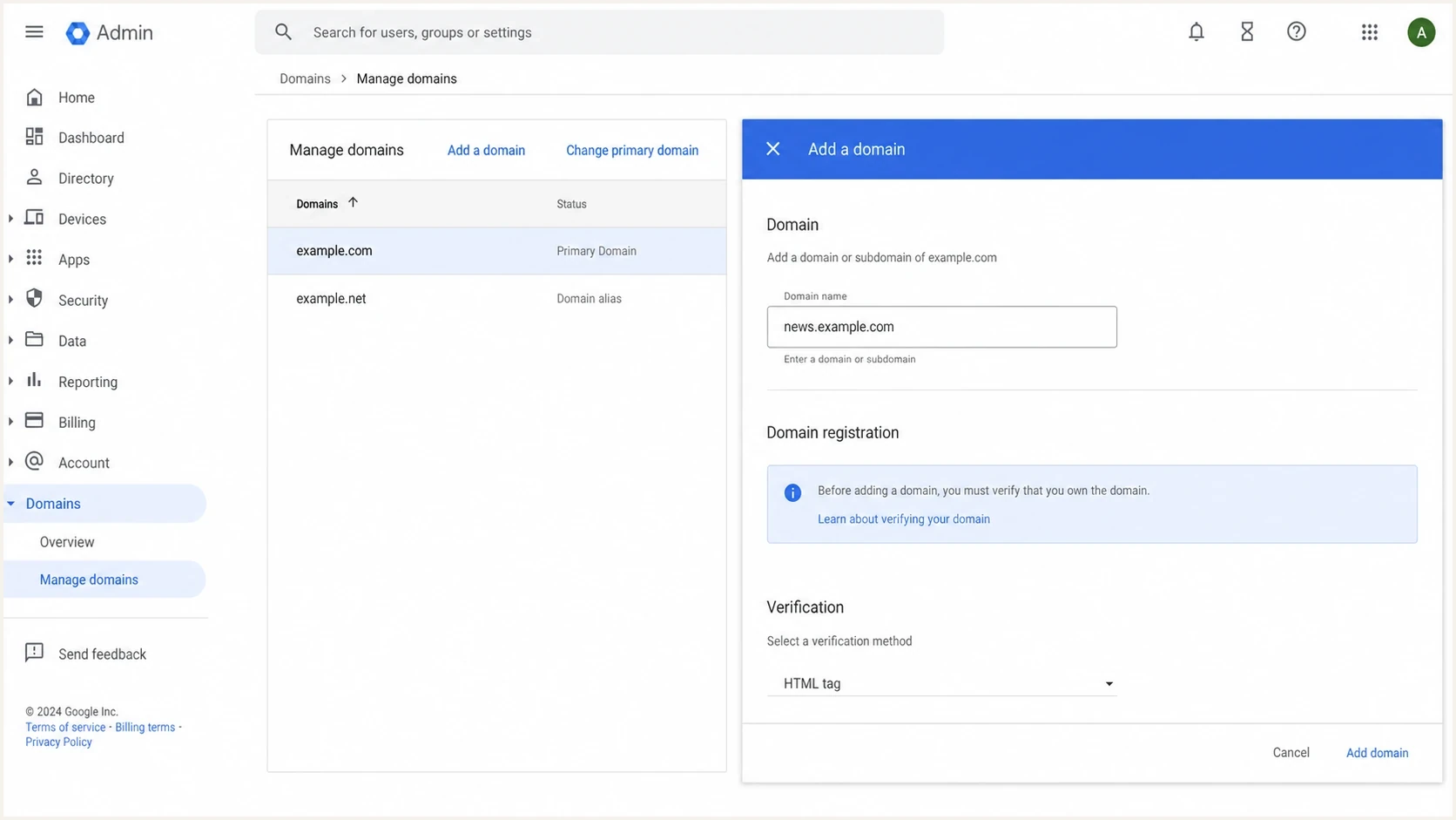 Google Admin console domain screen used when planning sender subdomains.
