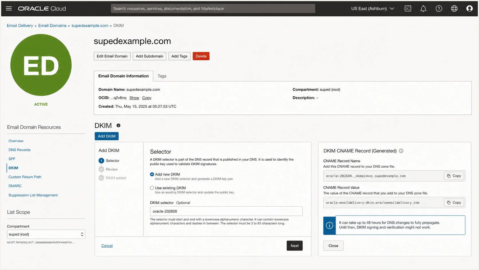 Adding a DKIM selector and CNAME in Oracle Email Delivery