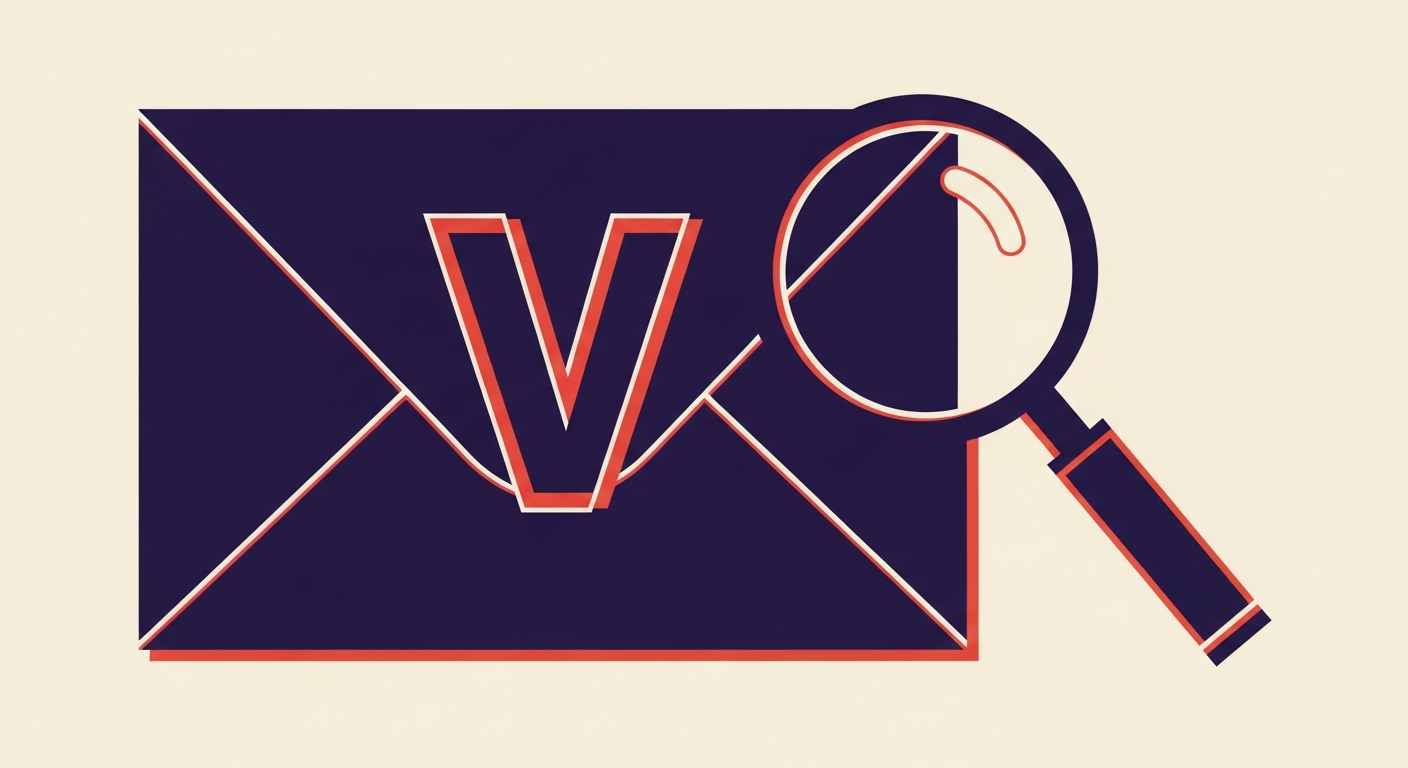 A magnifying glass examining a stylized 'V' on an envelope, representing the BIMI 'v=' tag.