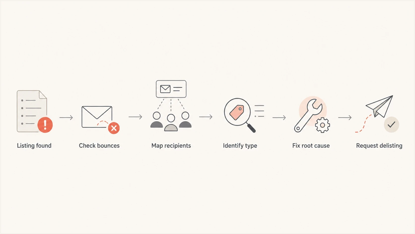 Flowchart showing how to move from a listing to evidence, root cause, and delisting.