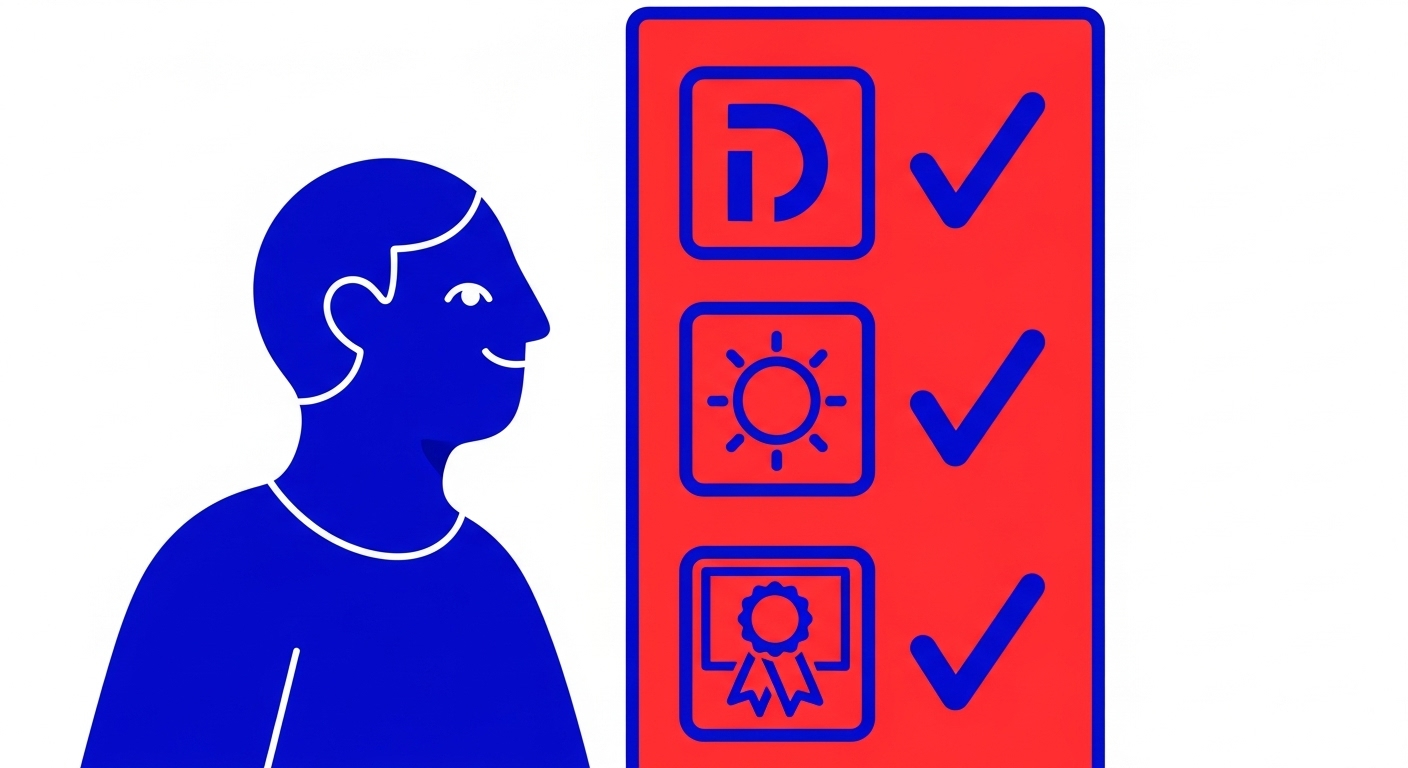 A minimalist illustration of a person looking at a checklist for BIMI implementation, with items like DMARC, SPF, and VMC checked off. The style of the images should be A minimalist retro illustration in the style of Malika Favre. Dominant colors are bright poppy red and deep royal blue. Vector art, high contrast. Do not put any words in the image or alphanumeric characters.