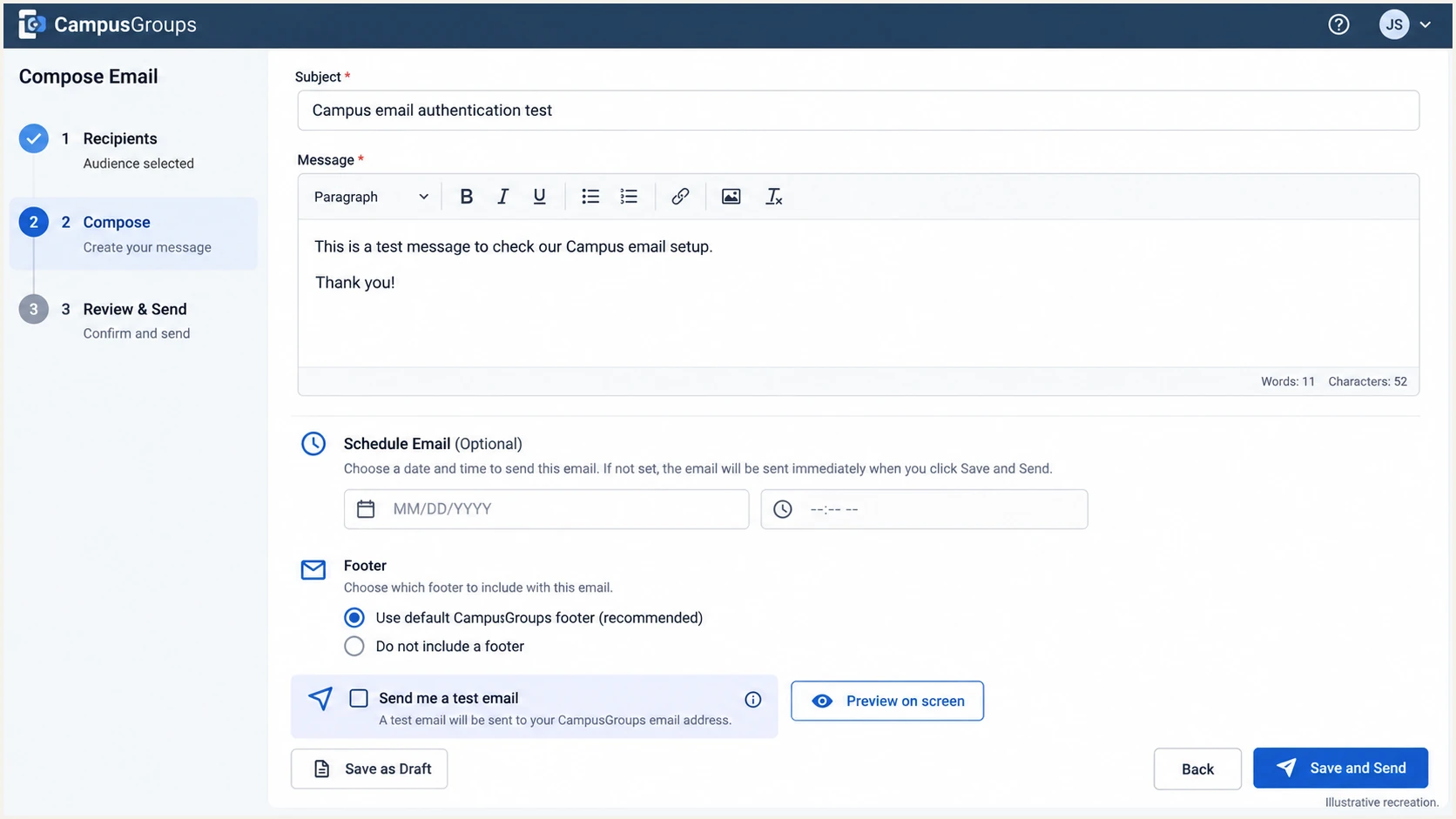Illustrative recreation of CampusGroups test-email and send controls