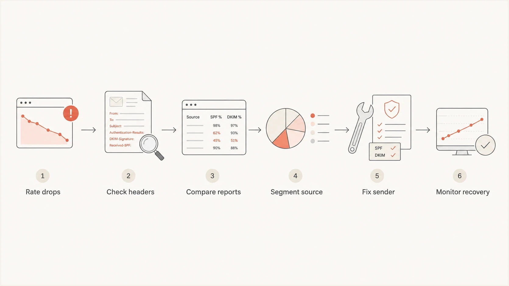 Decision path for validating a Postmaster Tools authentication rate drop.