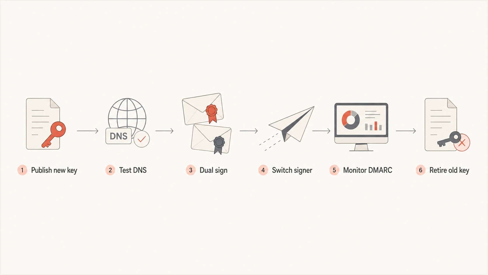 DKIM selector cutover flow from publishing a new key to retiring the old key.