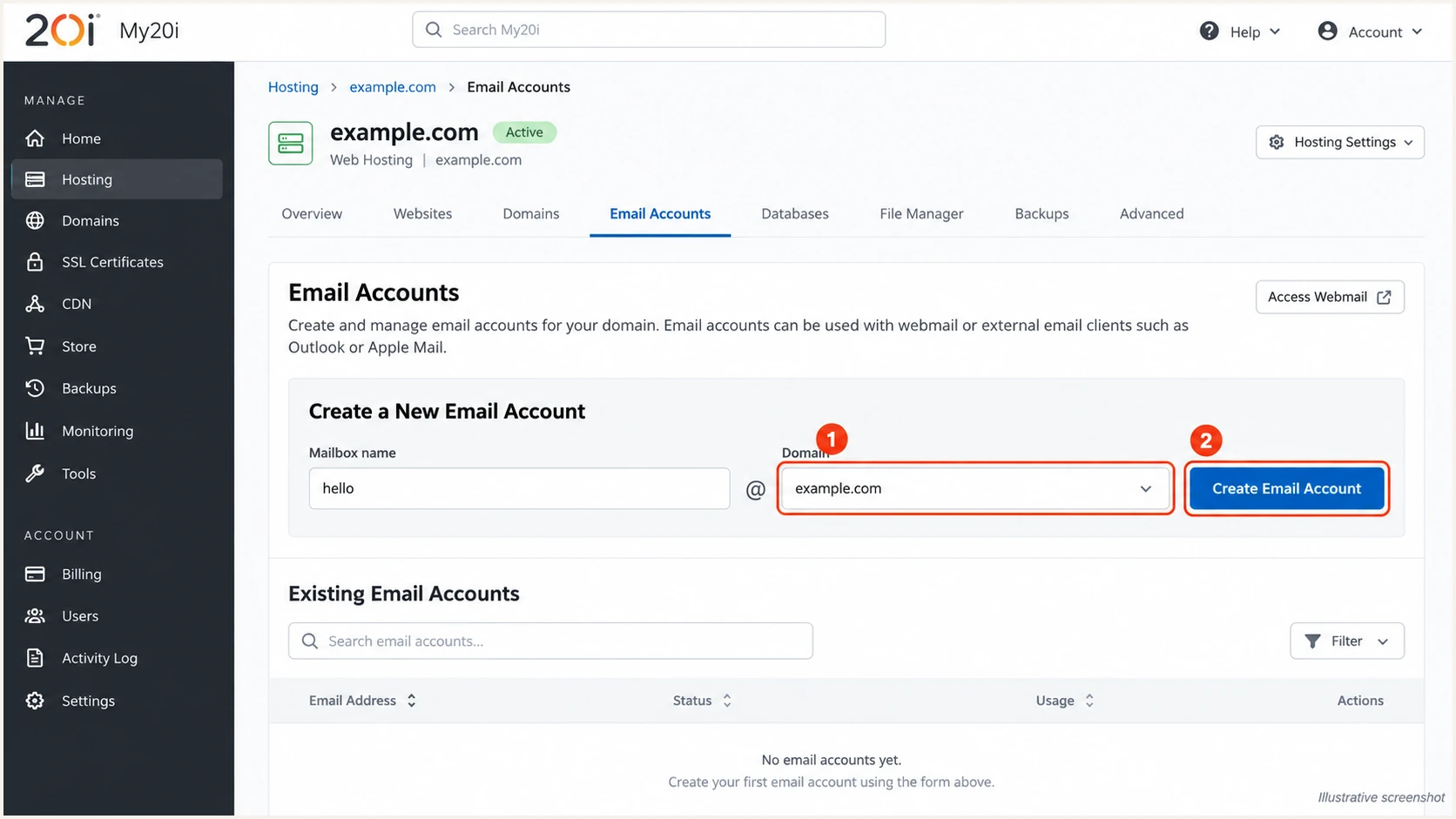 Illustrative My20i Email Accounts screen for creating a Stackmail mailbox.