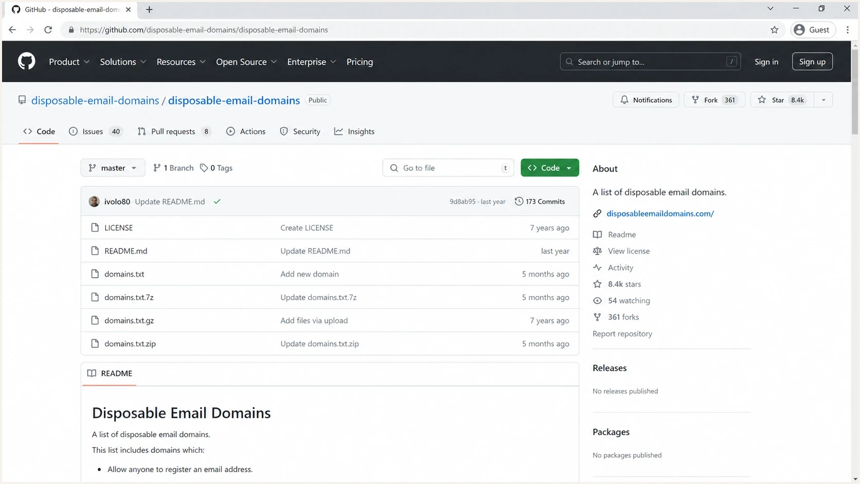 GitHub repository page for a disposable email domain list.